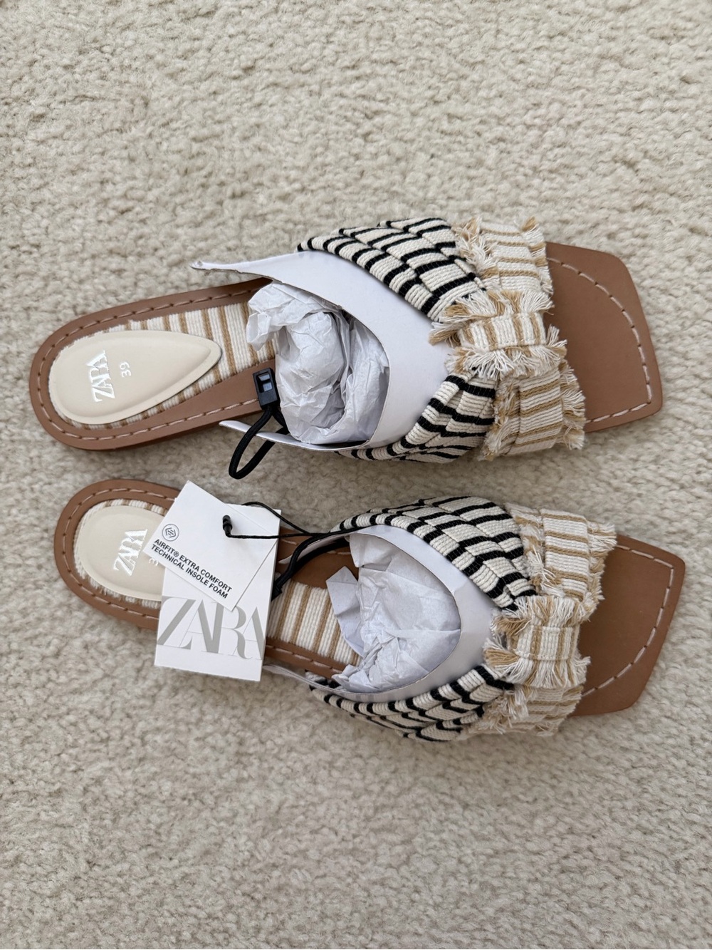 Zara Beige and Black Flat Fabric Striped Fringe Slide Sandals 39
